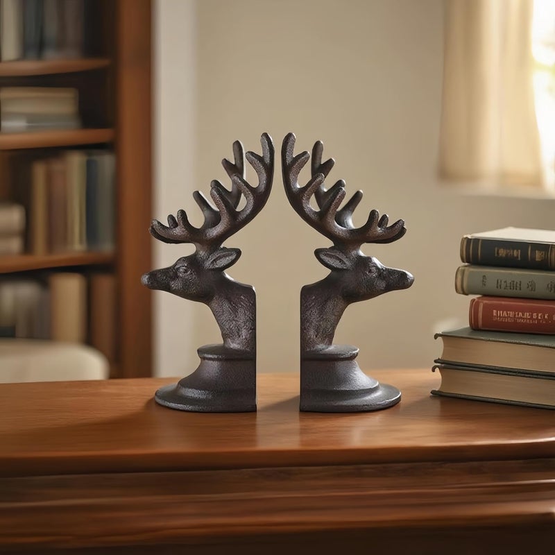 Remenna Decorative Bookend Deer Head Antler Book Ends Heavy Duty Cast Iron Vintage Shelf Decor, Antique Brown - Image 4